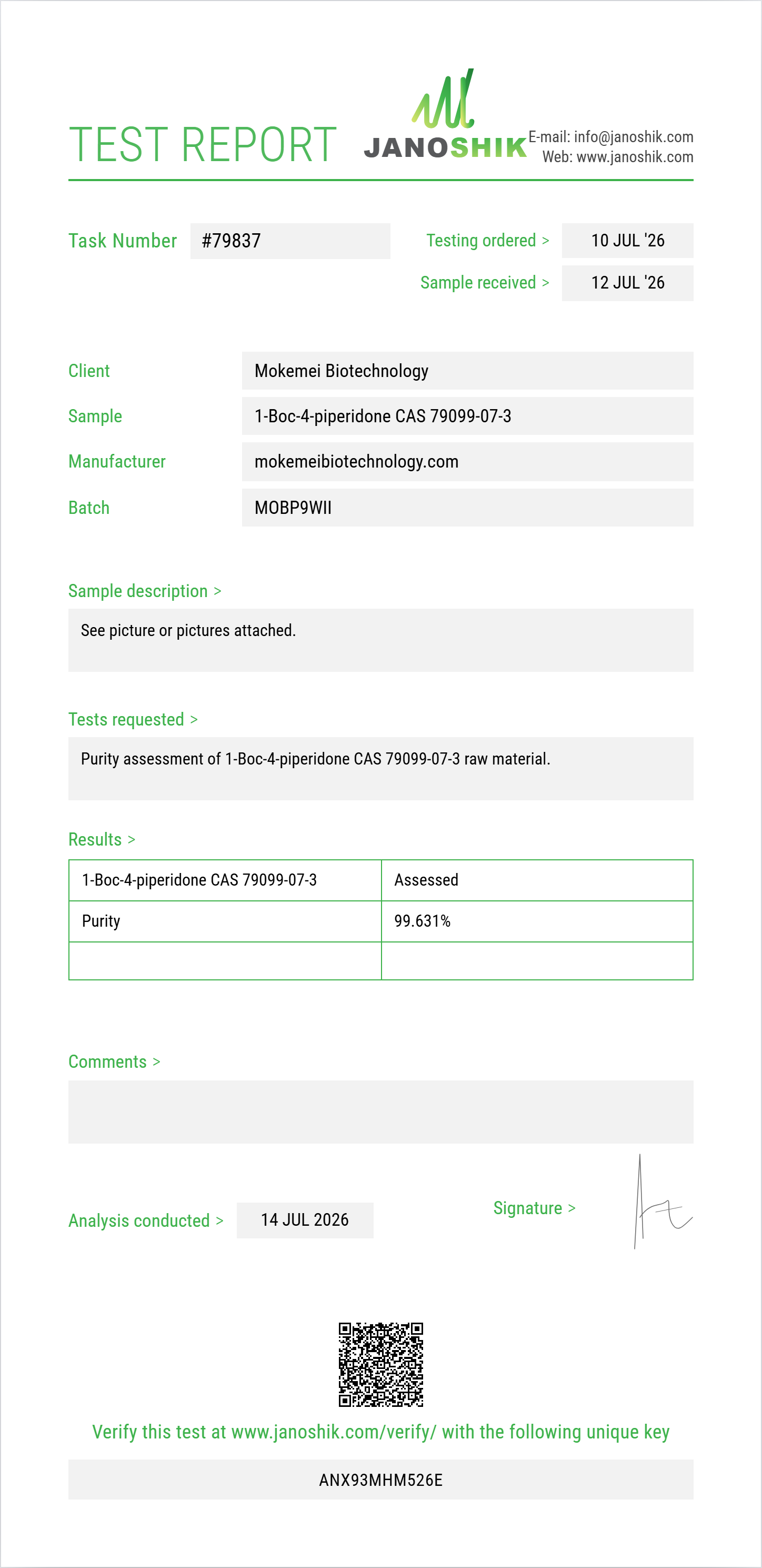 1-Boc-4-piperidone (tert-butyl 4-oxopiperidine-1-carboxylate) CAS 79099-07-3 Purity (HPLC) report by Janoshik Analytical
