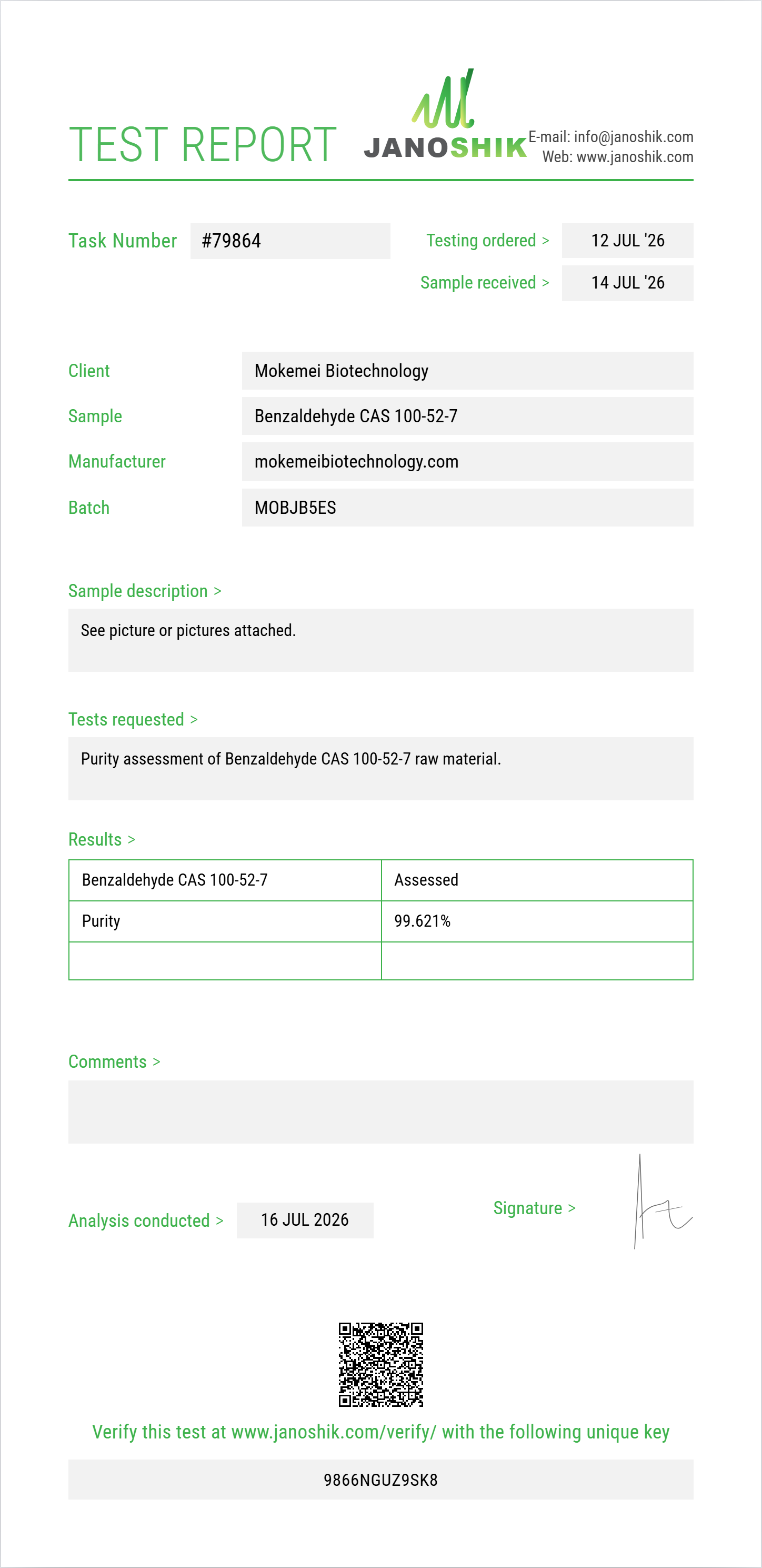 Benzaldehyde CAS 100-52-7 Purity (HPLC) report by Janoshik Analytical