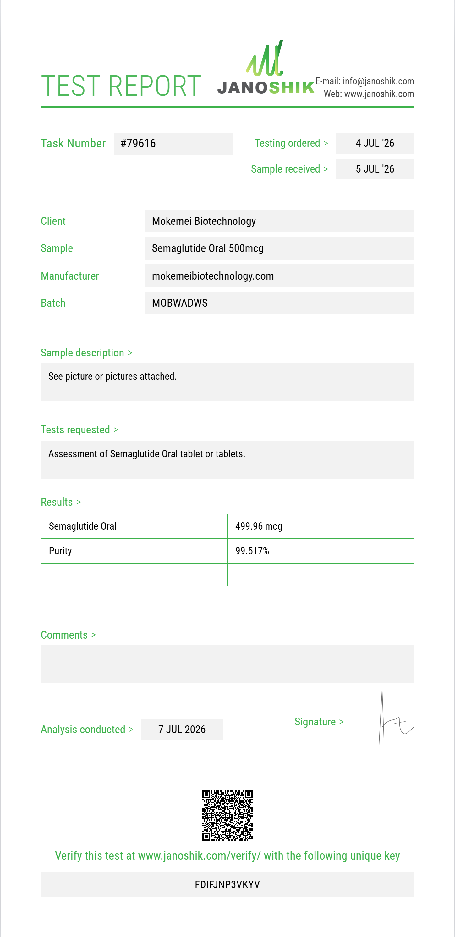 Semaglutide Oral Purity (HPLC) report by Janoshik Analytical