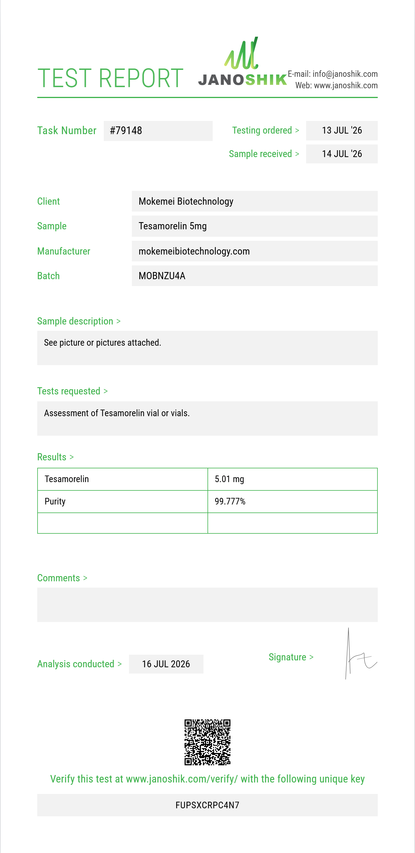 Tesamorelin Purity (HPLC) report by Janoshik Analytical