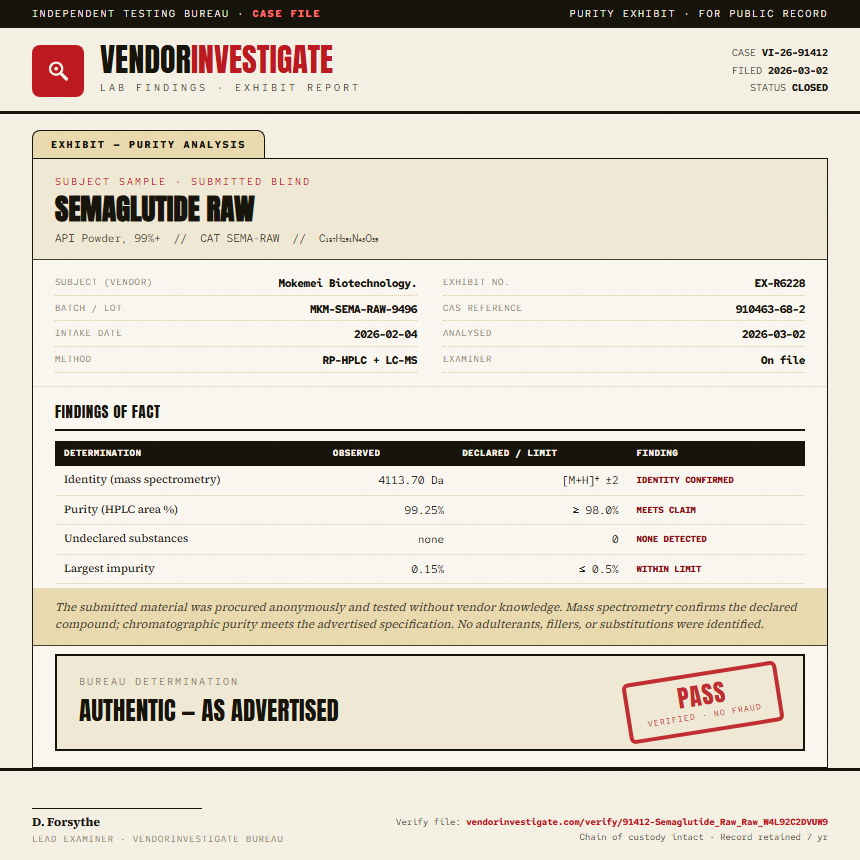 Semaglutide Raw Purity (HPLC) report by VendorInvestigate